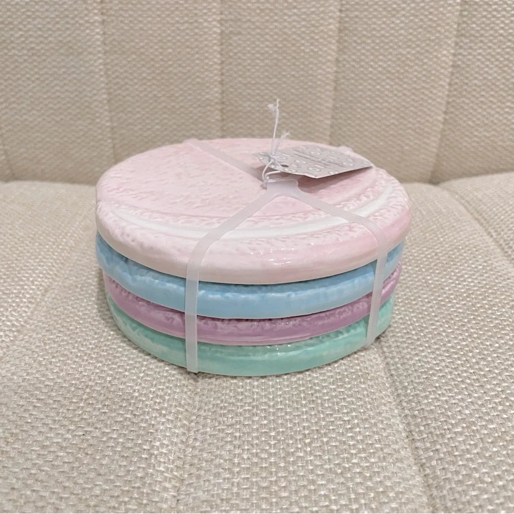 NEW Pastel Macaron Ceramic Coaster Set of 4 Pink Blue Purple‎ Green Cork Backing